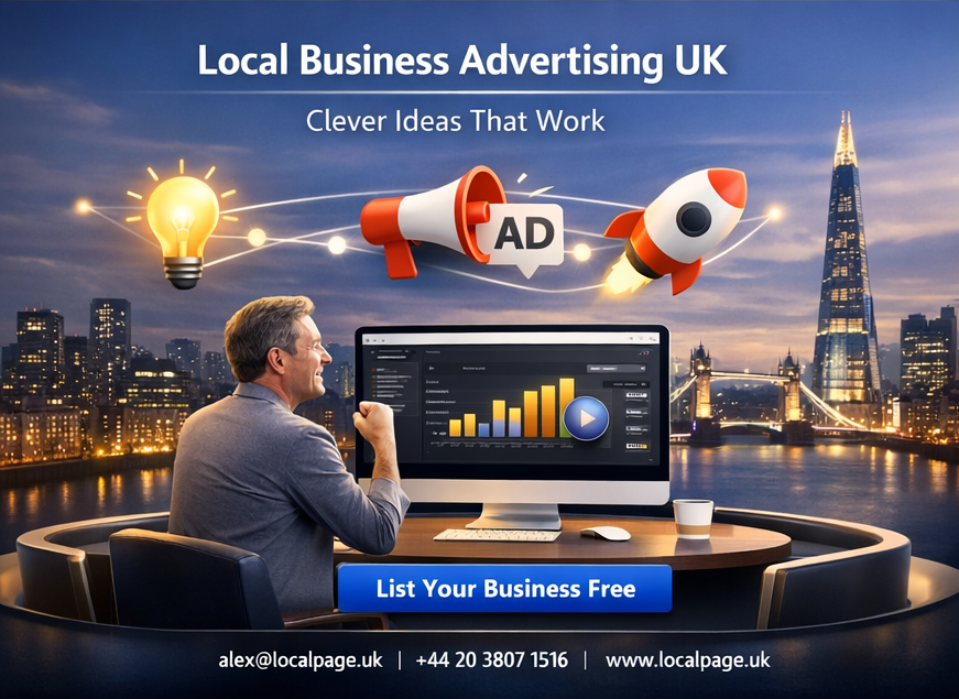 Premium 3D minimalist London city skyline at dawn with glowing connection lines and smiling owner using growth hub, representing future-proof UK advertising solutions on LocalPage.