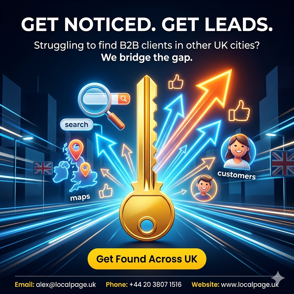 3D visualization of a UK B2B lead generation dashboard connecting local businesses across a futuristic London skyline map for networking and growth.